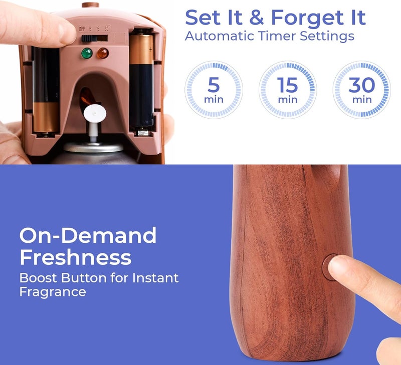 EnBath Automatic Air Freshener Spray Dispenser: Automatic Spray Dispenser with Elegant Wood Design for Commercial or Home Use (2-Pack), Battery Powered Free Standing or Wall Air freshener, Three Time Release - Image 3